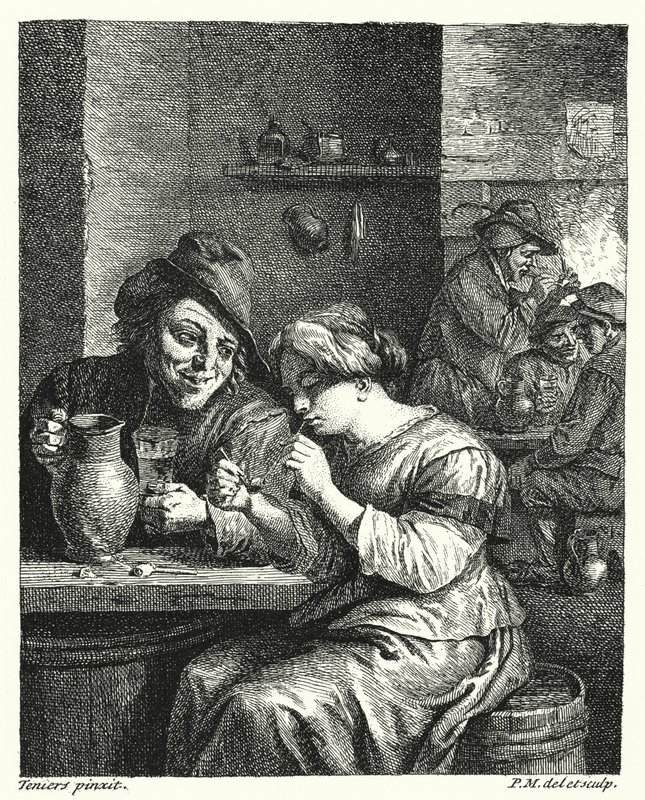 La donna che fuma (incisione) da David the Younger (after) Teniers