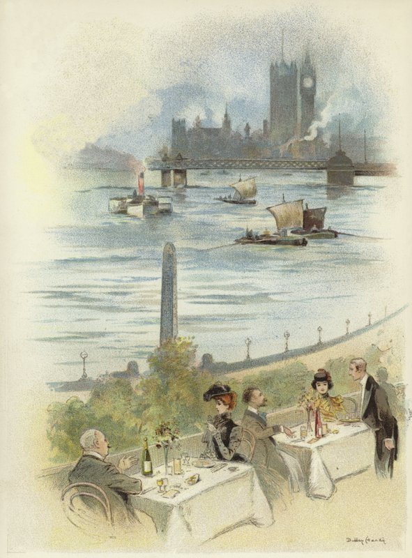 Pranzo sulla terrazza con vista sul Tamigi da Dudley Hardy