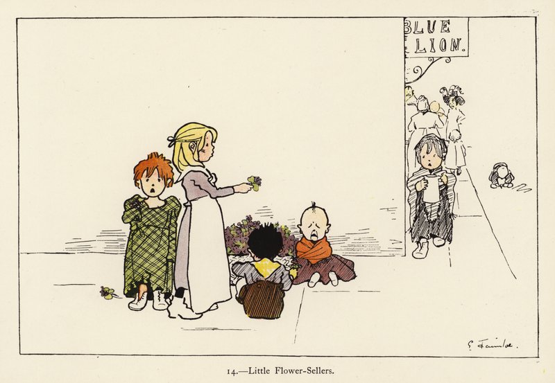 Piccoli venditori di fiori (litografia a colori) da Edith Farmiloe