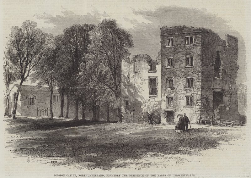 Castello di Dilston, Northumberland, ex residenza dei Conti di Derwentwater da Edmund Morison Wimperis