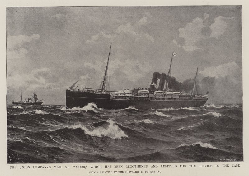 La nave postale della compagnia Union SS Moor, che è stata allungata e riadattata per il servizio del Capo da Eduardo de Martino