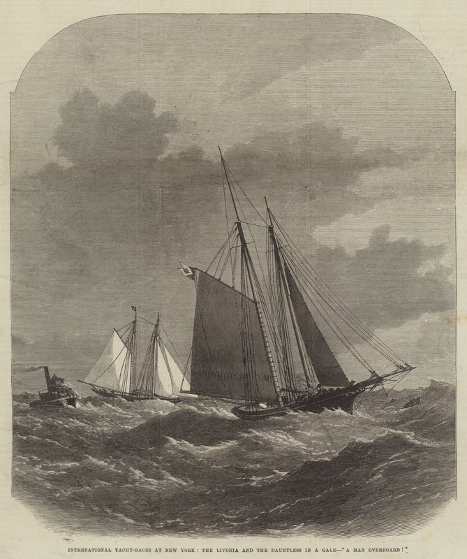 Regate internazionali di yacht a New York, il Livonia e il Dauntless in una tempesta, un uomo in mare! da Edwin Weedon