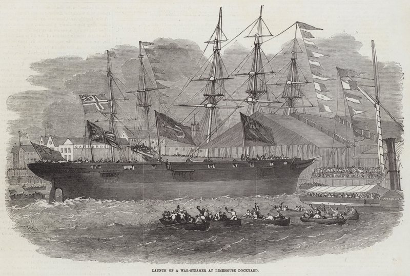 Varo di un piroscafo da guerra al cantiere navale di Limehouse da Edwin Weedon