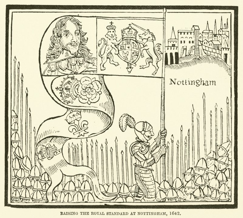 Innalzamento dello stendardo reale a Nottingham, 1642 da English School