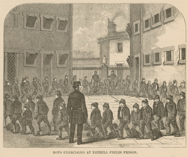 Ragazzi che fanno esercizio alla prigione di Tothill Fields da English School