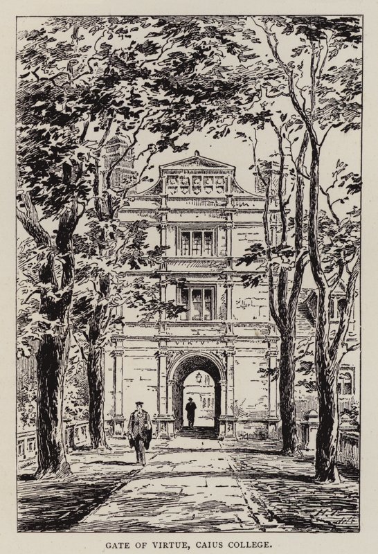 Cambridge: porta della virtù, Caius College (acquaforte) da English School