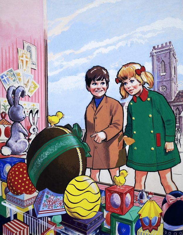Bambini che ammirano una mostra di Pasqua da English School
