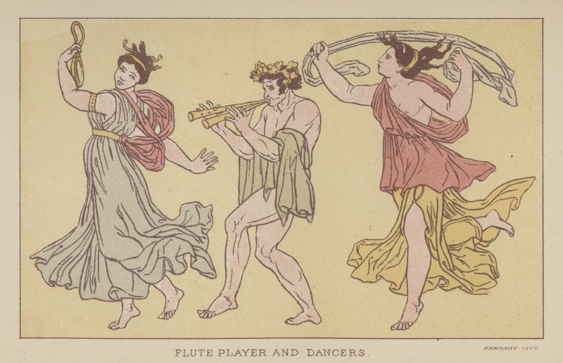 Suonatore di flauto e ballerini (litografia a colori) da English School