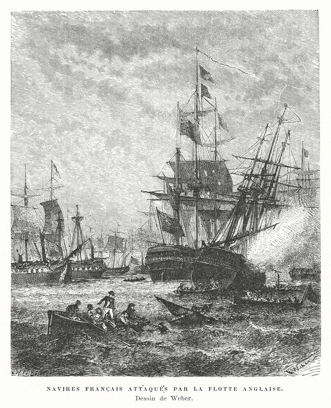 Navi da guerra francesi attaccate da una flotta britannica da English School