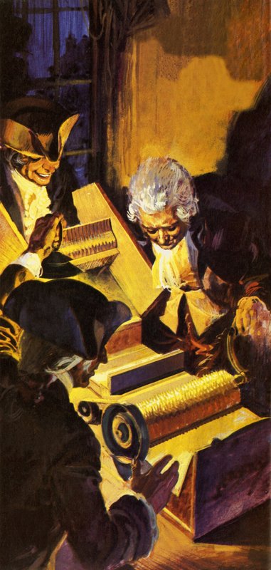 Intrusi che esaminano la sgranatrice di cotone di Eli Whitney da English School