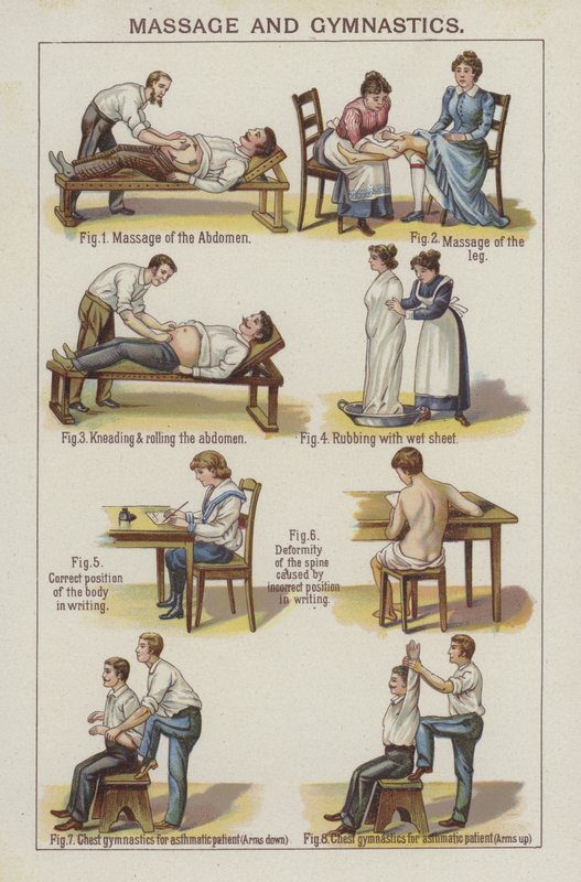 Massaggio e ginnastica (litografia a colori) da English School