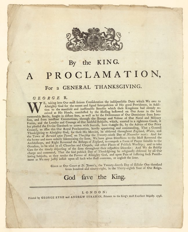 Proclamazione per un Ringraziamento Generale, 1798 da English School