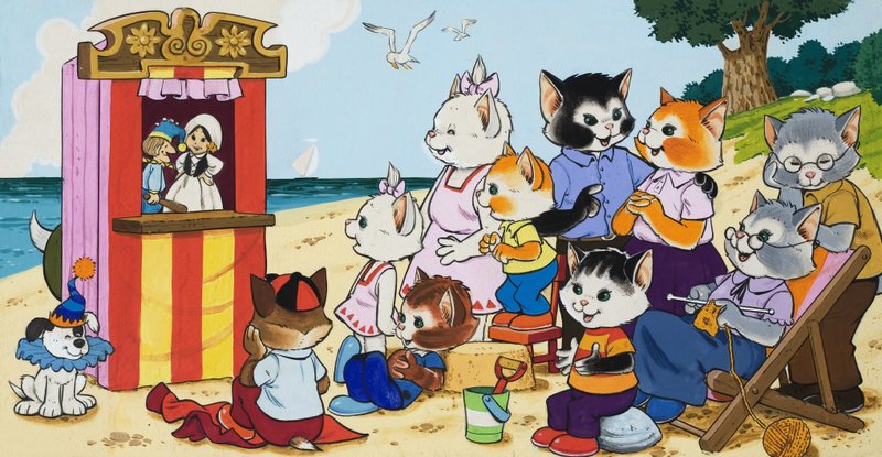Spettacolo di Punch e Judy in riva al mare da English School