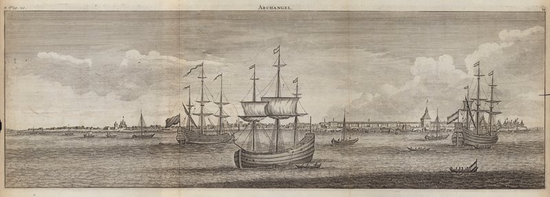 Navi a vela al largo di Arcangelo, Russia (incisione) da English School