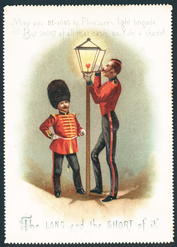 Soldati che accendono una lampada a gas, cartolina di Natale da English School