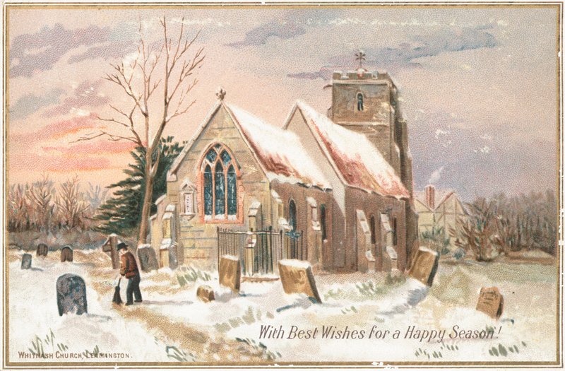 Spazzare via la neve nel cimitero della chiesa, biglietto di Natale da English School