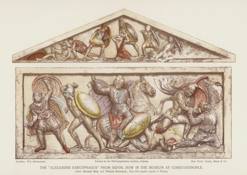 Il "Sarcofago di Alessandro" da Sidone (litografia a colori) da English School