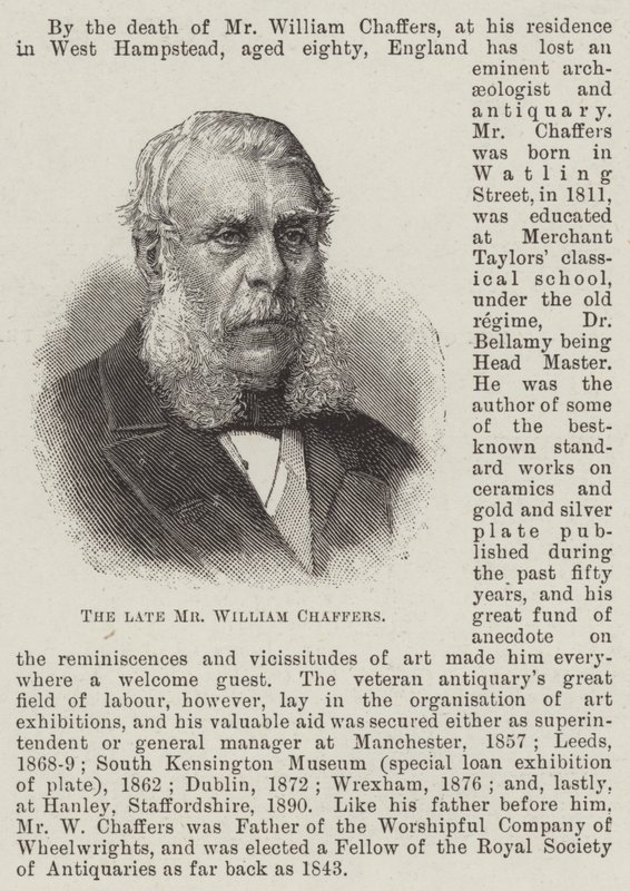 Il defunto signor William Chaffers (incisione) da English School
