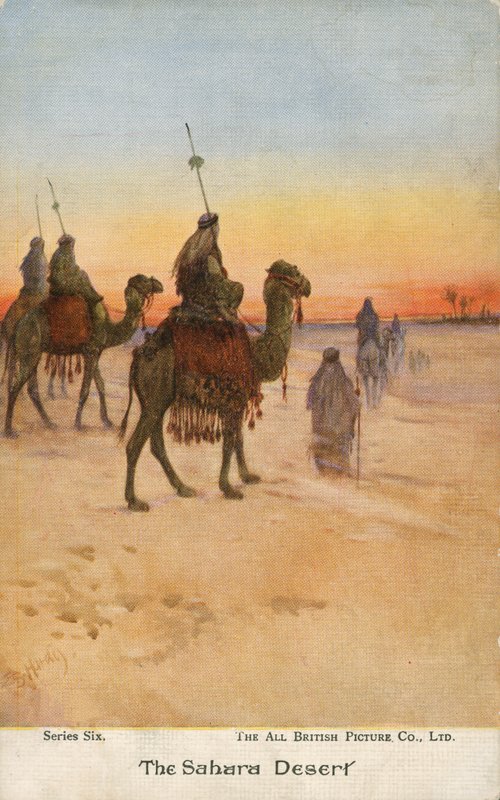 Viaggiatori nel deserto del Sahara (litografia a colori) da English School