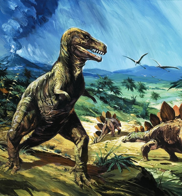 Scena di dinosauri non identificata con T-Rex e Stegosauro da English School