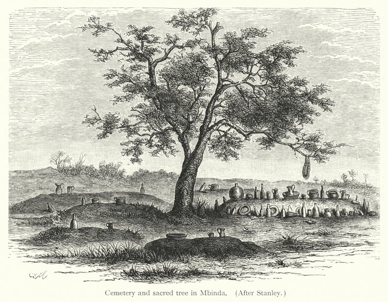 Cimitero e albero sacro a Mbinda (incisione) da European School