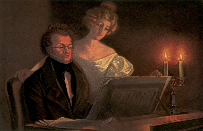 Franz Schubert al pianoforte (litografia a colori) da European School