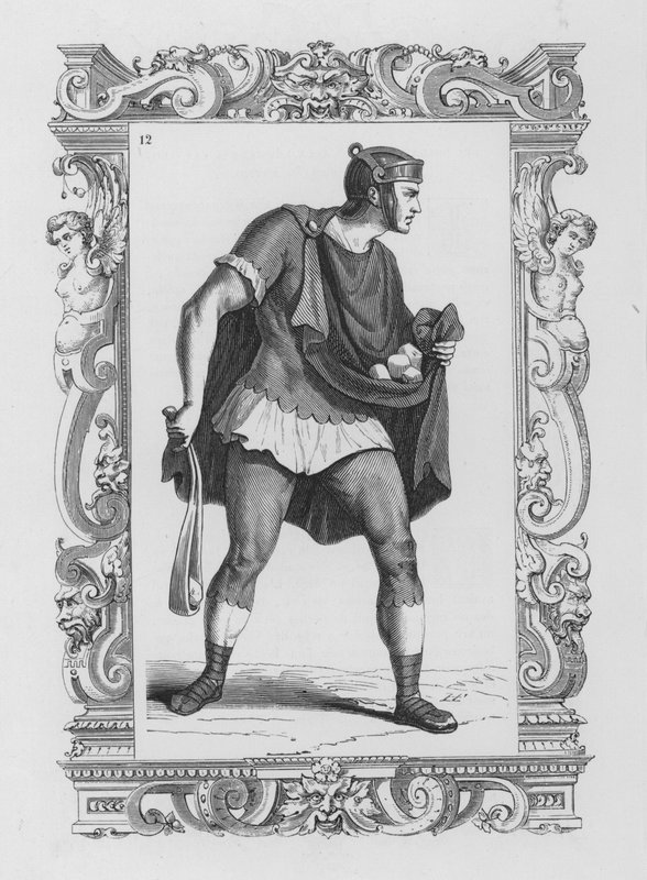 Soldato romano armato di fionda (incisione) da European School