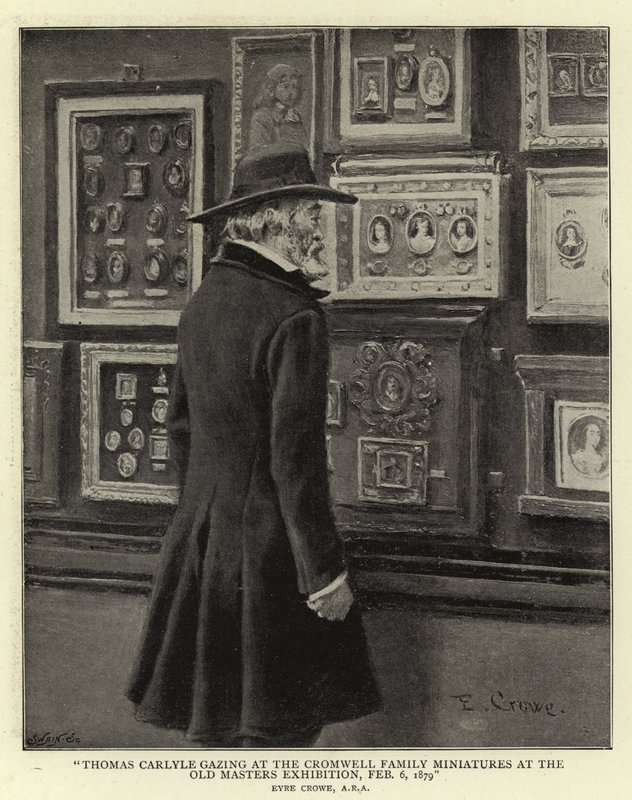 Thomas Carlyle che osserva i miniature della famiglia Cromwell alla mostra dei Vecchi Maestri da Eyre Crowe