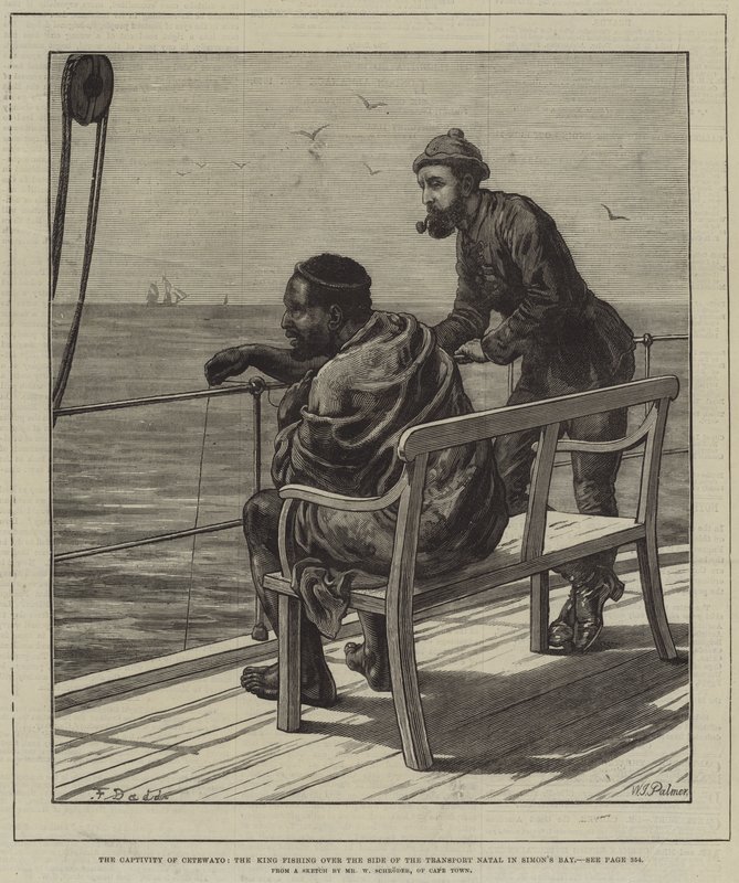 La prigionia di Cetewayo, il re che pesca dal lato del trasporto Natal nella baia di Simon da Frank Dadd