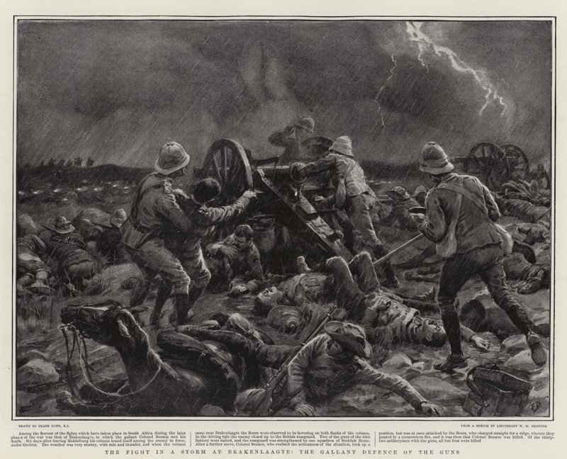 La Lotta in una Tempesta a Brakenlaagte, la Valorosa Difesa dei Cannoni da Frank Dadd