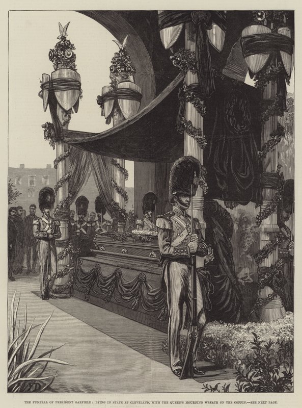 Il Funerale del Presidente Garfield, in Stato a Cleveland, con la Corona Funebre della Regina sulla Bara da Frank Dadd