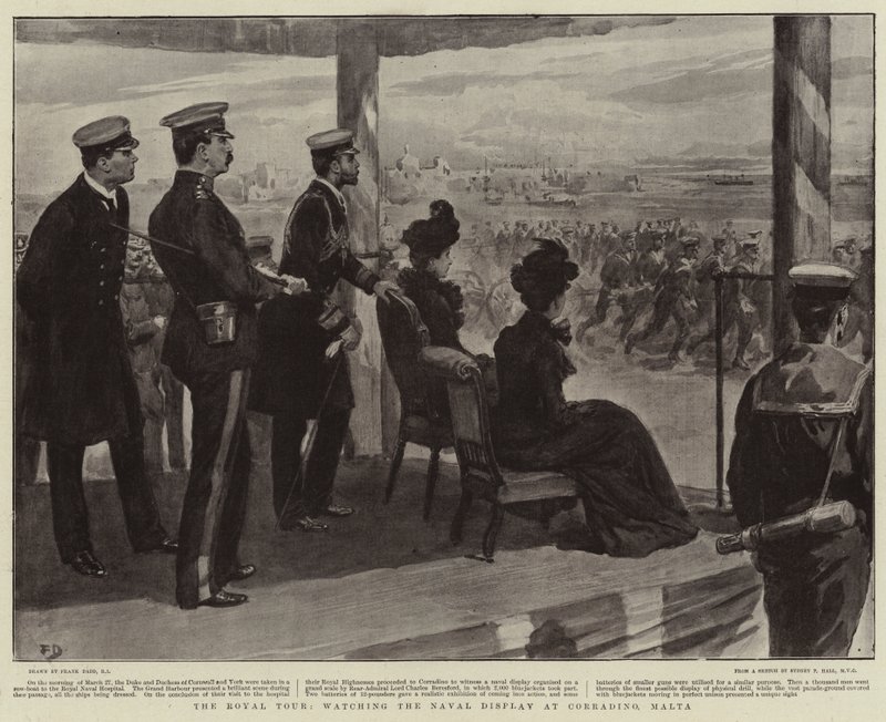 Il tour reale, osservando la dimostrazione navale a Corradino, Malta da Frank Dadd