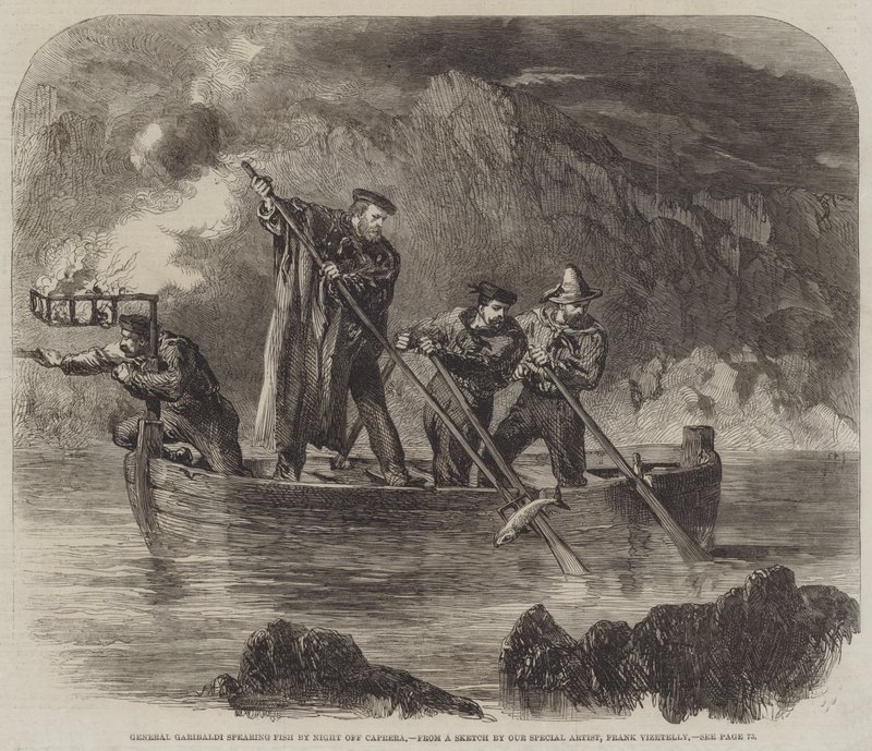 Il generale Garibaldi pesca pesci di notte a Caprera da Frank Vizetelly