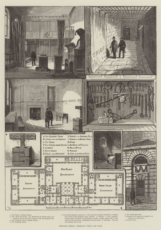 Prigione di Newgate, viste interne e pianta da Frank Watkins