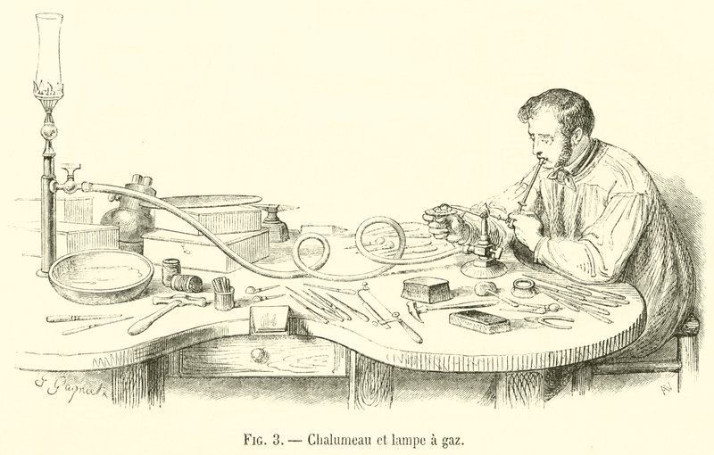 Chalumeau e lampada a gas (incisione) da French School