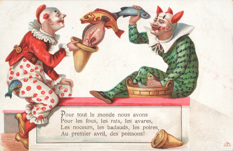 Clown che giocolano con pesci per il 1 aprile da French School