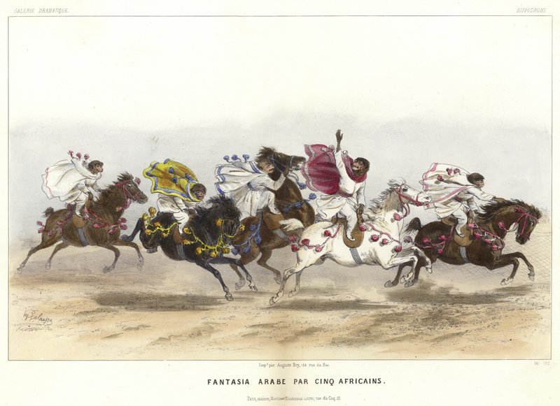 Cinque scimmie in costume a cavallo da French School