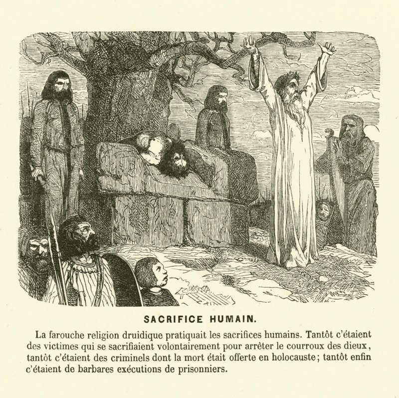 Sacrificio umano dei druidi (incisione) da French School
