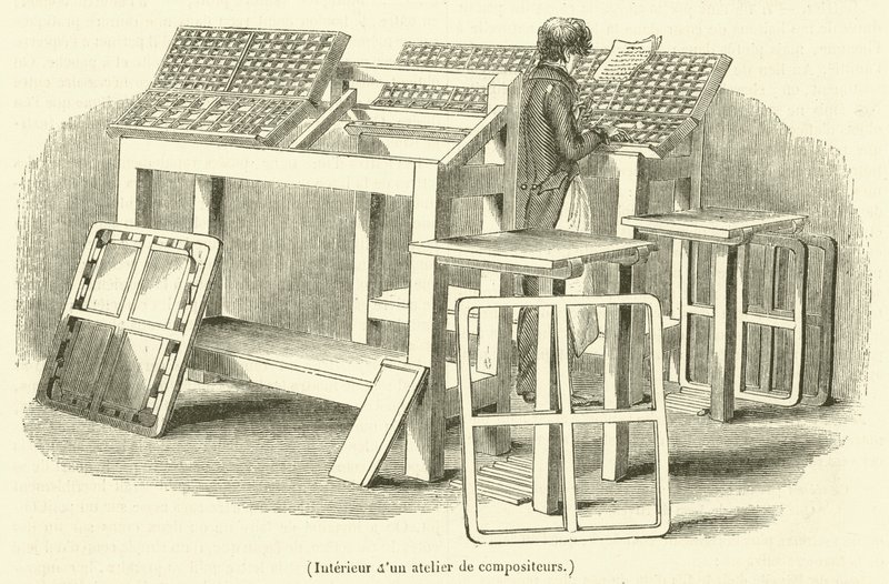 Interno di un atelier di compositori (incisione) da French School