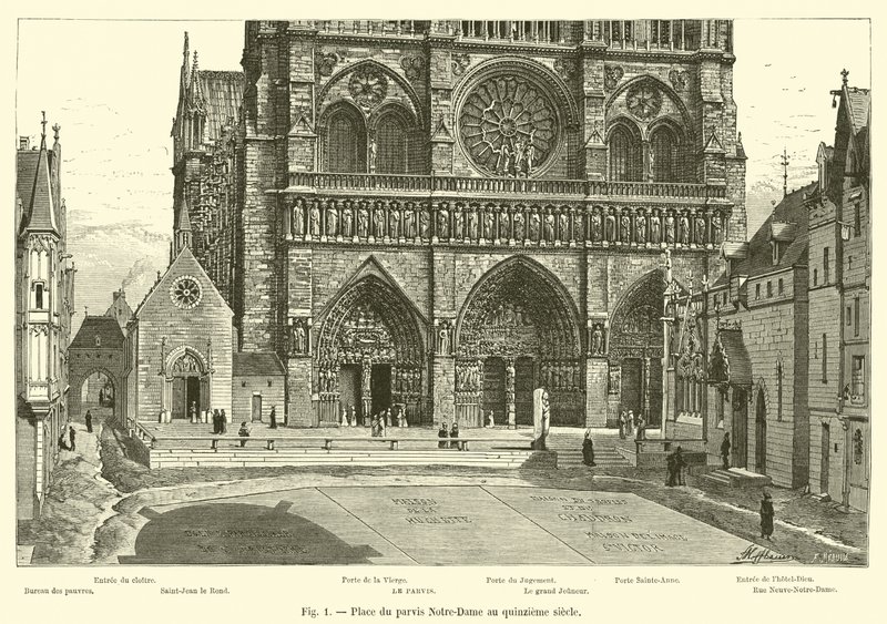 Piazza del parvis Notre-Dame nel quindicesimo secolo da French School