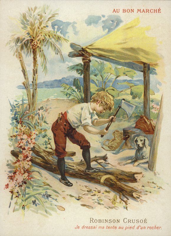 Robinson Crusoe che taglia legna da French School