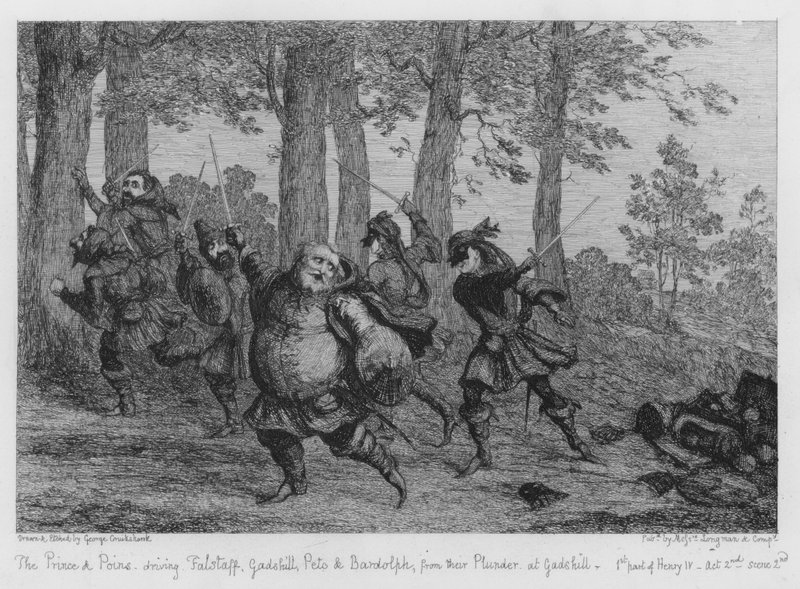 Il Principe e Poins che scacciano Falstaff, Gadshill, Peto e Bardolph dal loro bottino a Gadshill da George Cruikshank