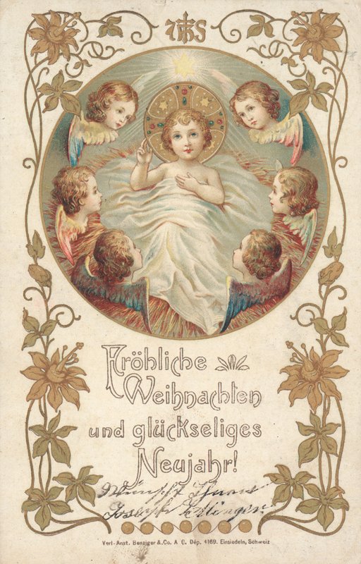 Cartolina di Natale tedesca (litografia a colori) da German School