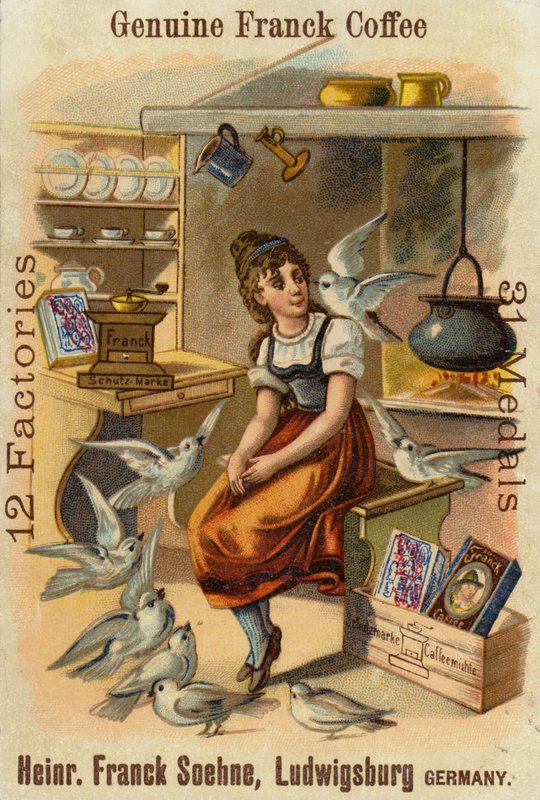 Ragazza con colombe, pubblicità per Genuine Franck Coffee da German School