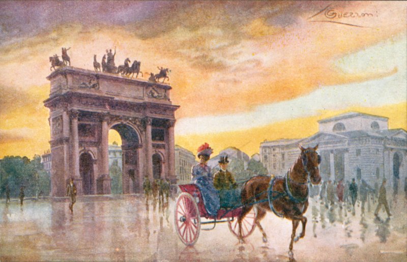 Milano: Arco della Pace (litografia a colori) da Giovanni Guerzoni
