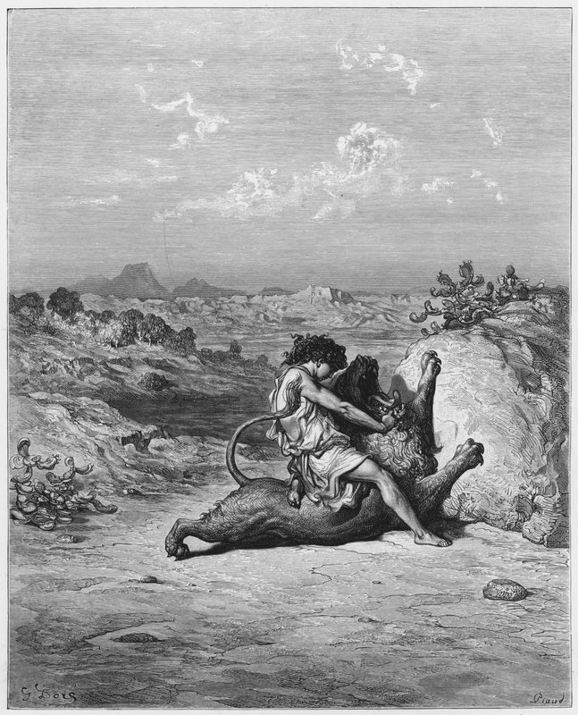 Sansone uccide un leone da Gustave Dore
