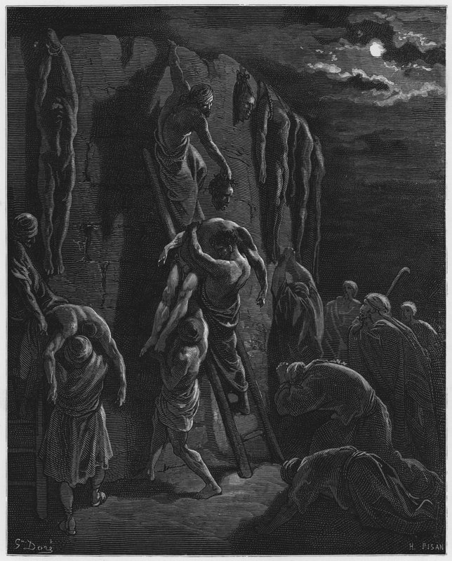 Gli abitanti di Iabes recuperano i corpi di Saul e dei suoi figli da Gustave Dore