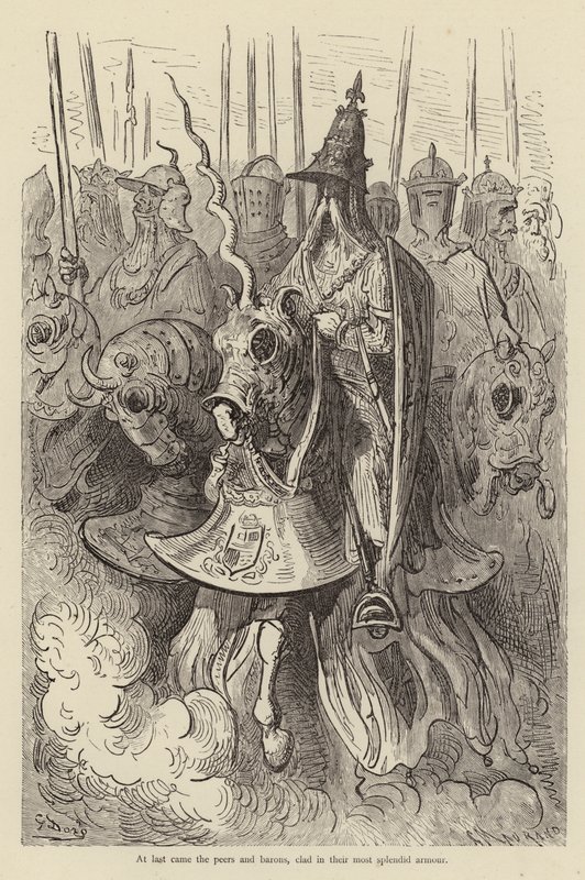 Alla fine arrivarono i pari e i baroni, vestiti con le loro armature più splendide da Gustave after Dore
