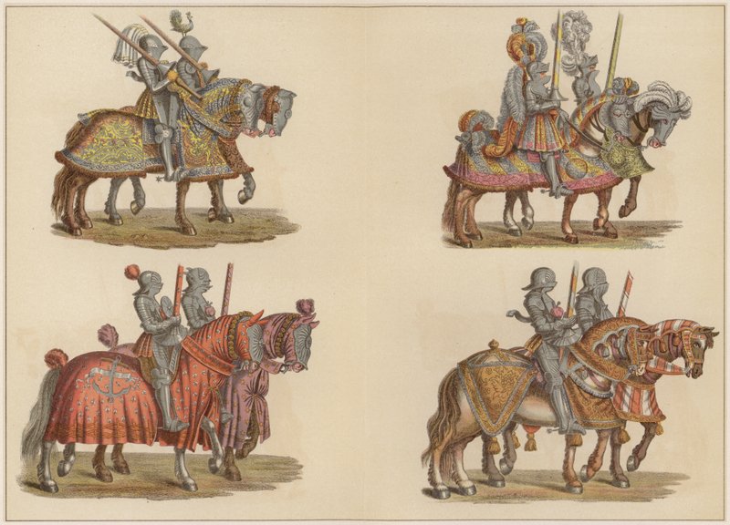 Cavalieri a cavallo (litografia a colori) da Hans (after) Burgkmair