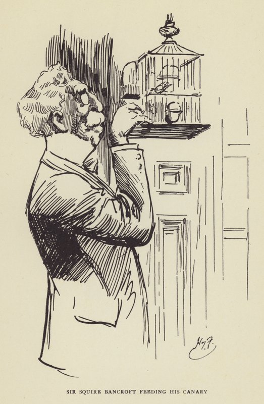 Sir Squire Bancroft che nutre il suo canarino da Harry Furniss